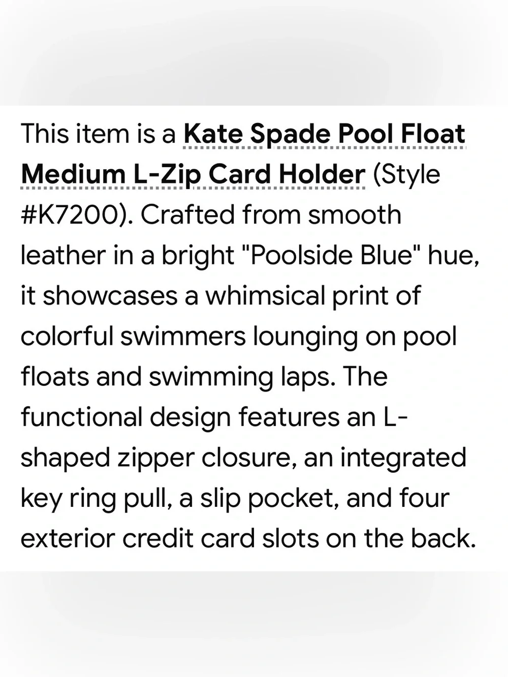 Kate Spade “Pool Float” Medium L-Zip Card Holder Coin Wallet - EC